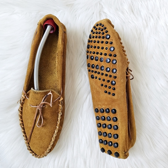 Vtg Handmade Emson Genuine Leather Golden Brown Driving Loafers Moccasins Sz 9 - Picture 1 of 16